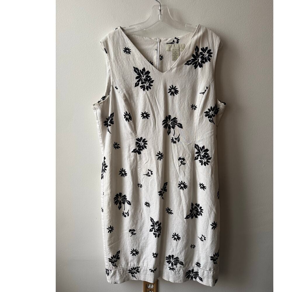 Norton McNaughton White Linen Midi Shift Dress Black Floral 90s Sleeveless 18 XL
